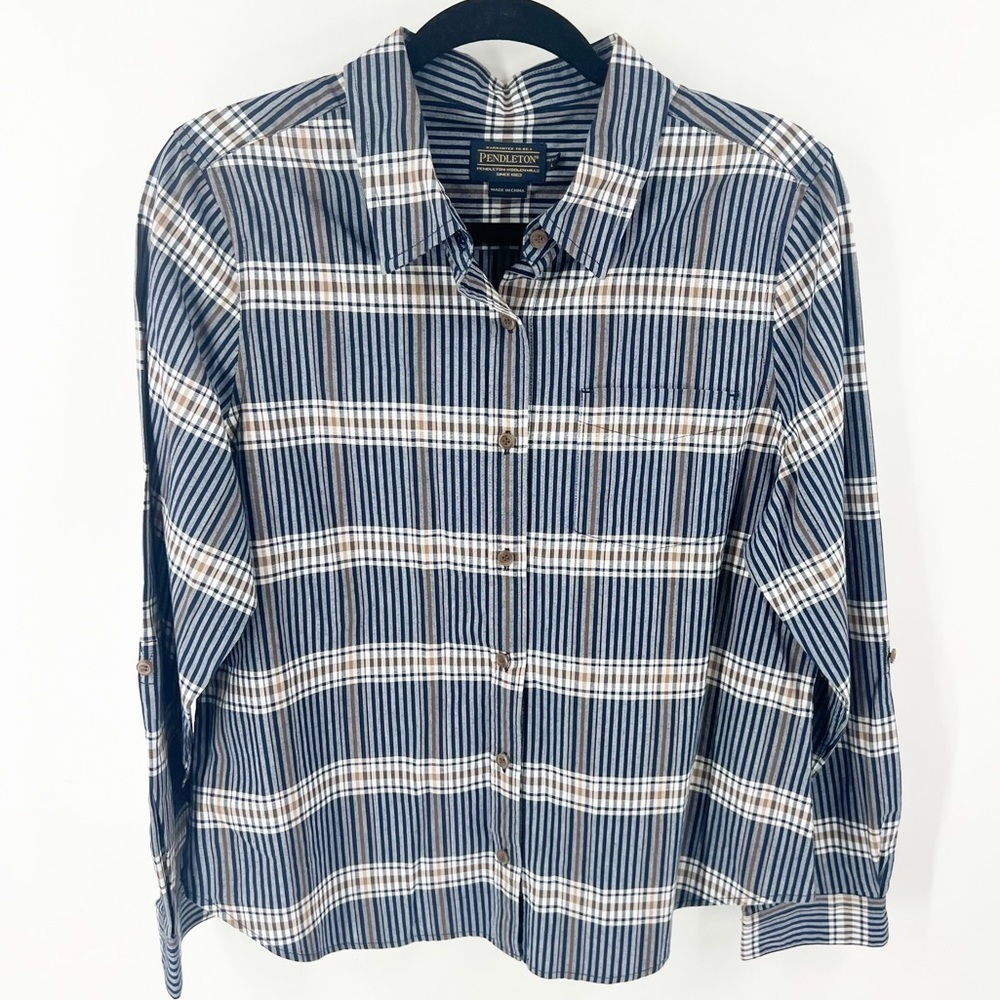 ✅ Pendleton Women’s Button Up Shirt Size LARGE Petite NAVY/WHITE STRIPES COTTON